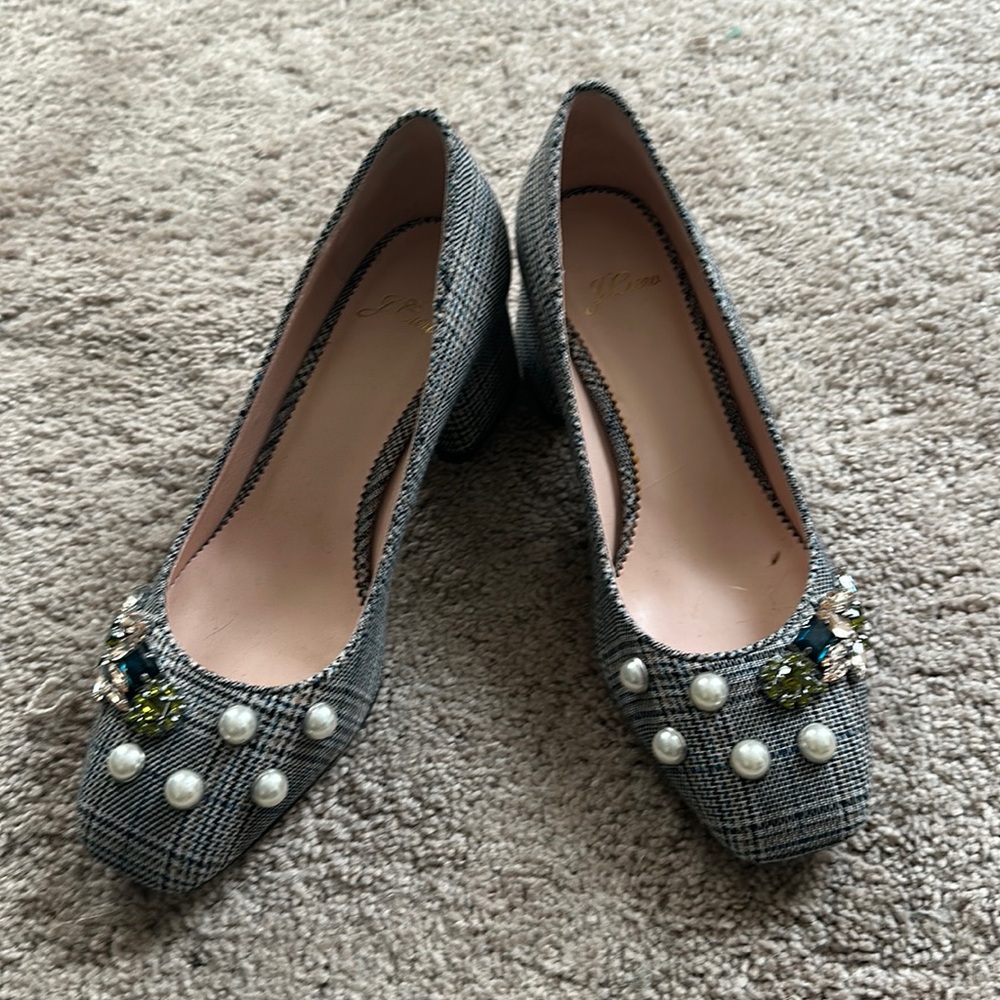 J Crew Plaid with Jewels Close Toe Heels